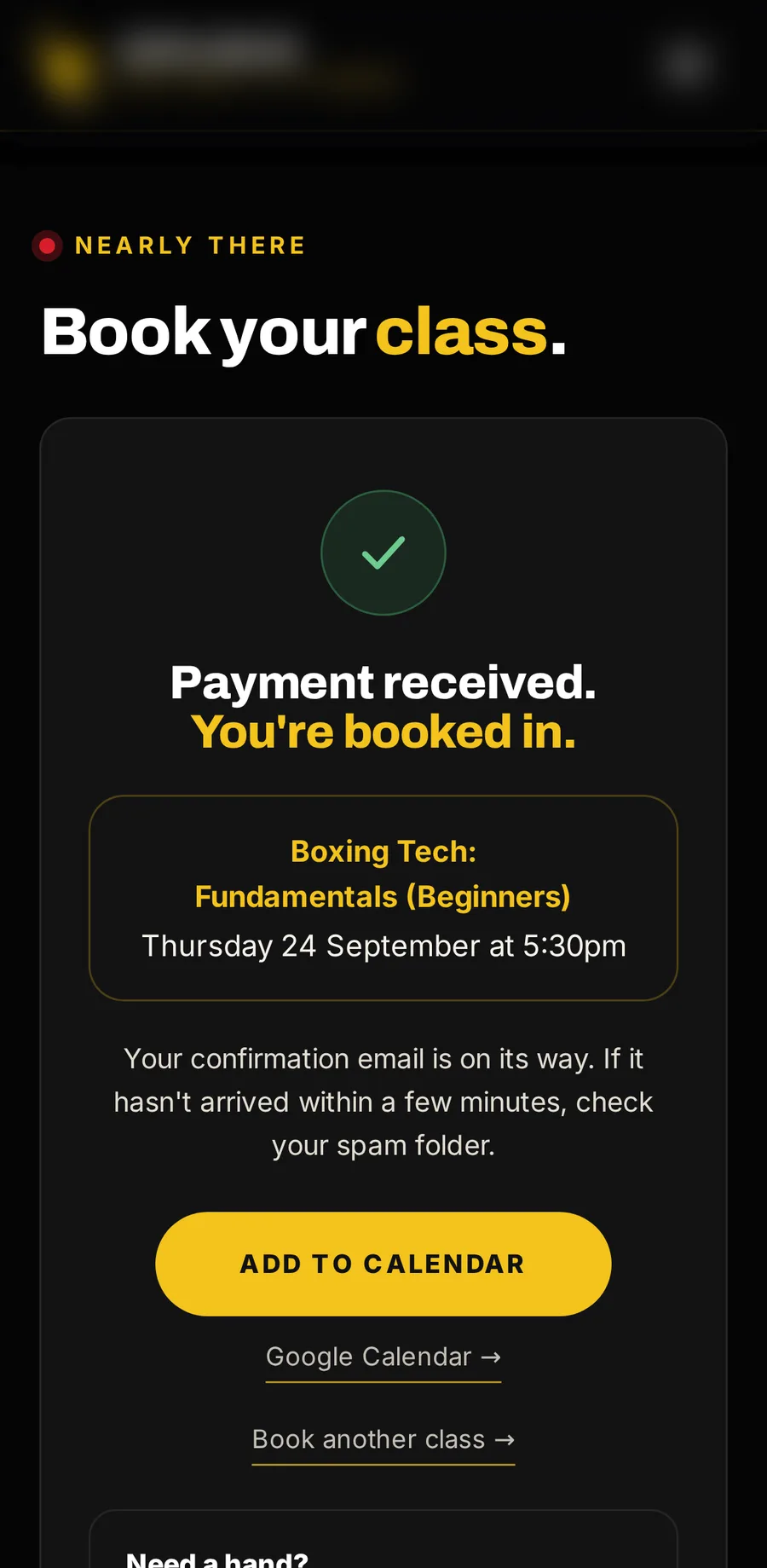 Booking on a phone, sample data: Payment received. You’re booked in. Boxing Tech: Fundamentals (Beginners), Thursday 24 September at 5:30pm, with Add to calendar.