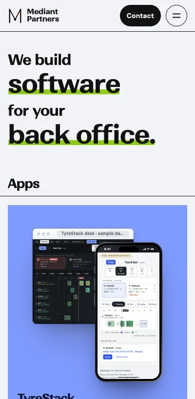mediantpartners.co.uk on a phone: the headline We build software for your back office.