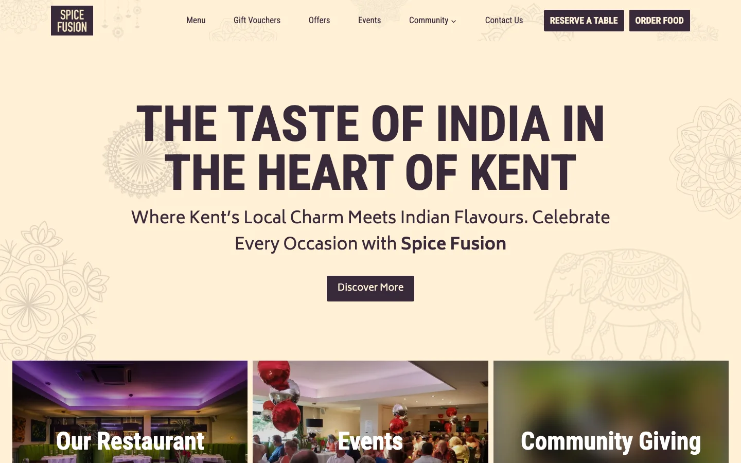 Spice Fusion’s website on a desktop: The taste of India in the heart of Kent, with Reserve a Table and Order Food buttons in the header.