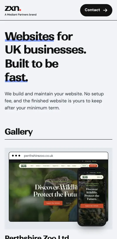 zxn.uk on a phone: the headline Websites for UK businesses, with the navigation and Contact button.
